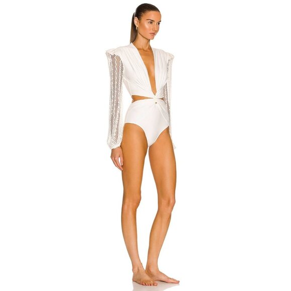 PatBO Plunge Netted Sleeve Swimsuit in White - Picture 2 of 3